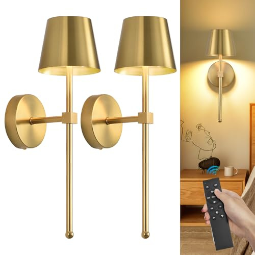 HOXIYA Wall Sconces Battery Operated Set of 2, Small Cordless Rechargeable LED Wall Lighting, Stepless Dimming Wireless Wall Decor Lights, Battery Powered Wall Lamp for Living Room, Indoor (Gold)