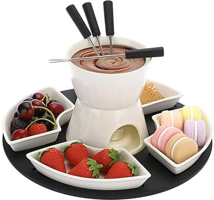 BUERPINKING Keramike Schokofondue Set mit Unterlage, 4 Keramiktellern und 4 Gabeln, Käsefondue Set mit schmelzfunktion, Butterwärme, Für Schokolade, Käse, Butter und Süßigkeiten