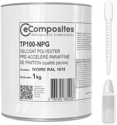 Gelcoat Polyester Piscine | 1 kg | Ivoire RAL 1015 | + Catalyseur PMEC + Pipette de dosage 3 ml, Gel Coat pour Rénovation et Finition Bassin Polyester