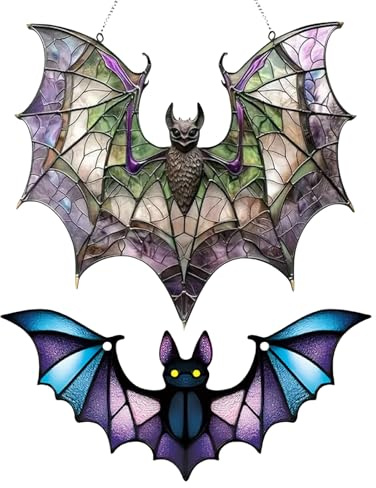 Scinzene Halloween Fledermaus Dekoration, 2 Stücke Gothic Deko Acryl Anhänger, Kunstvolles Design Fensterreflektor für Indoor Outdoor, Perfekte Halloween Deko für Party Haushalt Zuhause Garten