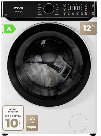 EVVO Lavadora Carga Frontal NOVA Q12 - Lavadora 12Kg, Motor Inverter eDRIVE, 1400 RPM, Efic. Energética A, Función Vapor, Tambor ePROTECT, Muy Silenciosa, Gran Pantalla Táctil, 14 Programas