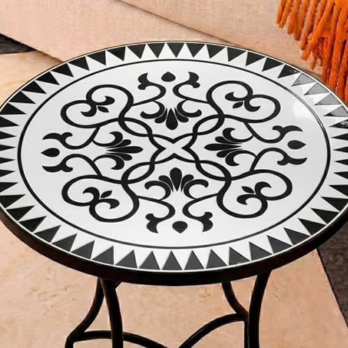Mesa Auxiliar de Patio de Mosaico Redonda - Mesa de Café para Jardín y Terraza con Patas de Hierro Forjado Antióxido, Mesa Pequeña Decorativa para Exterior e Interior, Ø60x71, Modelo Louis