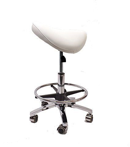 Promafit Sattelhocker/Sattelstuhl mit Gummirollen für alle Böden und Metallfuß - ergonomisch - stufenlos höhenverstellbar - viele Farben - 360° drehbar (Weiß, Mit Fußring)