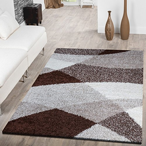 T&T Design Shaggy Teppich Hochflor Moderne Teppiche Geometrisch Gemustert in versch. Farben, Farbe: braun, Größe:70x250 cm