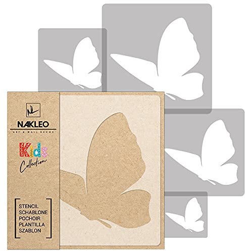 NAKLEO Schablonen Malen für Kinderzimmer, 5 Stück Set 9x9 bis 34x34cm Schmetterling Wiese Tier, Wiederverwendbare Kunststoff Malvorlage Raumdekoration, Basteln DIY Wand Möbel Papier Stoff