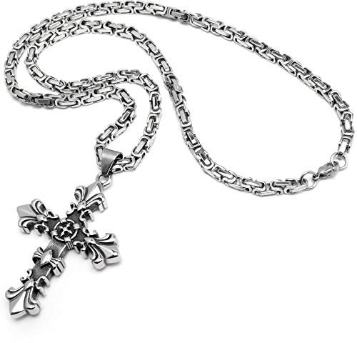 Schmuck-Checker Lilien-Kreuz Anhänger mit Königskette Gothic Kreuz 316L Edelstahl Silber Fleur de Lis Halskette Kette Bikerschmuck Männerschmuck Geschenk