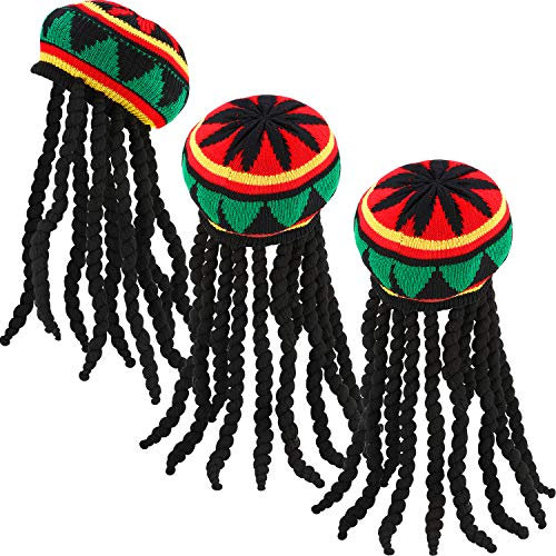 SATINIOR 3 Packungen Rasta Hut mit Schwarzer Dreadlocks Perücke Rasta Perückenkappe für Kostüm Zubehör