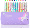 TOYESS 10 Pcs Unicorn Pens with Pencil Case School Gift Stocking Filler for Girls Age 6-12 Years Old, Cute Flamingo Pens Set Ballpoint Writing Smooth Kids Birthday Present, Purple