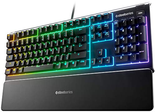 SteelSeries Apex 3 RGB Gaming Keyboard – 10-Zone RGB Illumination – IP32 Water Resistant – Premium Magnetic Wrist Rest (Whisper Quiet Gaming Switch) (Renewed)