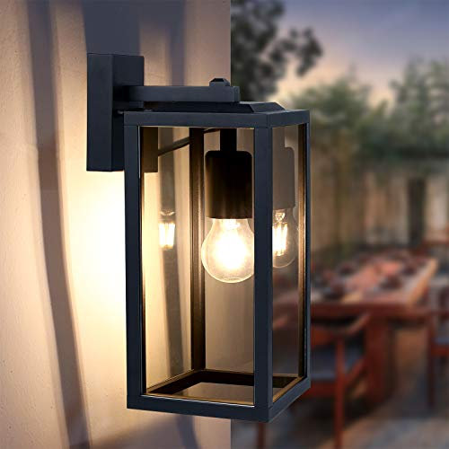 HLFVLITE Außenwandleuchte aus Metall in schwarz Matt und klaren Glas, 1-flammige Wandlampe Außenleuchte Alumniumguss IP44 Wasserdicht Max 60W E27Fassung für Veranda Eingang Tür Garage