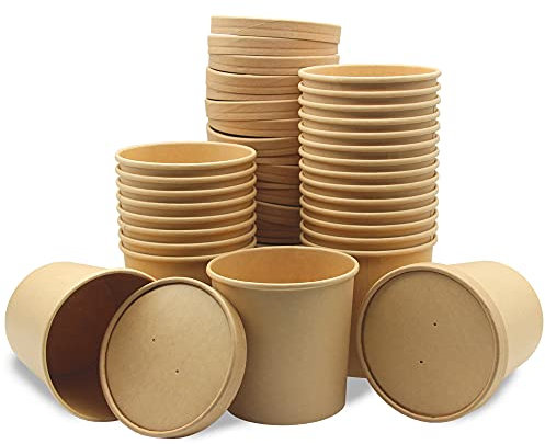 Carton Kraft Récipient De Nourriture, 25 Pièces Gobelets Aliments, Emporter Saladier, Bols à Soupe, Avec Un Couvercle, Résistant à l'Huile Et à l'Eau, Pour Les Nouilles, La Crème Glacée (16oz/450ml)