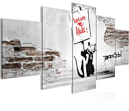 Runa Art Wandbilder Banksy Graffiti Zitat Ratte mit Shild 5 Teilig Bild auf Vlies Leinwand Deko Loft Wohnzimmer Street Art Schwarz Grau Rot 040452c