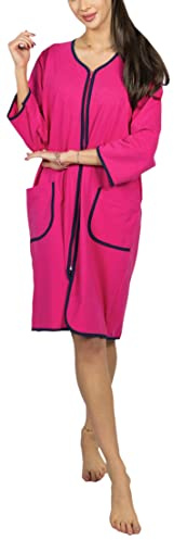 Aquarti Damen Bademantel Morgenmantel mit Reißverschluss Hausmantel Leicht 3/4 Ärmel, Farbe: Amarant, Größe: 3XL