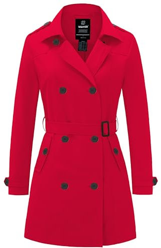 Wantdo Femme Trench-Coat à Double Boutonnage Ceinture Coupe-Vent à Bouton Veste Coupe Ajustée Manteaux Epaulettes d'Epaule Rouge-2X 46