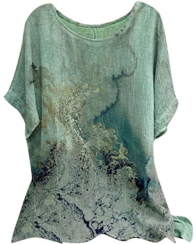 Leinenbluse Damen Oversize Kurzarm Rundhalsausschnitt mit Blumenmuster Lockere Tshirts Lässige Tunika Frauen Mode Motiv T-Shirt Elegante Blusen Vintage Oberteile Ausgefallene Pullover Hemdbluse Tops