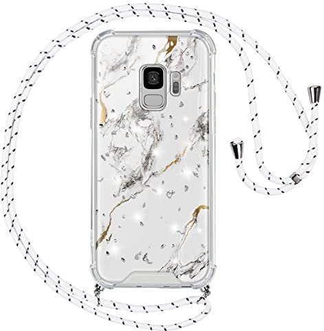 Vauki Coque pour Samsung Galaxy S9 avec Cordon,Transparent Paillette Marbre Motif Silicone Collier,Aesthetic Glitter Antichoc Bumper Case pour Samsung S9,Blanc