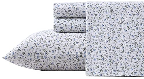 Laura Ashley Home Queen Sheet Set, Soft Sateen Cotton Bedding Set - Sleek, Smooth, & Breathable, Bramble Vine Green
