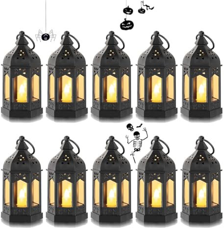 Romadedi Laterne Schwarz Halloween Deko - 10er Set Mini Laterne zum Aufhängen, mit LED Kerzen für Ramadan, Garten, Weihnachten, Hochzeit, Balkon, Outdoor, Tischdeko