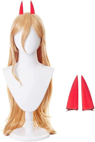 Anime Chainsaw Man Cosplay Costume Wig for Power, Light Orange Long Straight Hair + 2 Horns with Free Wig Cap, for Halloween Costume Party, Anime Show, Cosplay Event