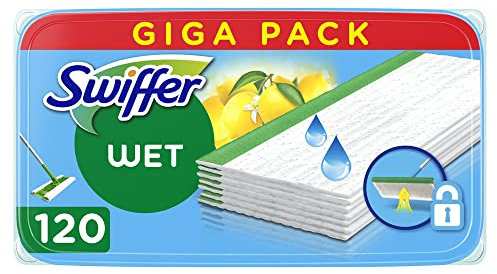 Swiffer Lavapavimenti Wet, 120 Panni Umidi, Limone, Pulizia Igienica Profonda, Rimuove Sporco e Batteri, per Tutti i Tipi di Pavimenti, Maxi Formato