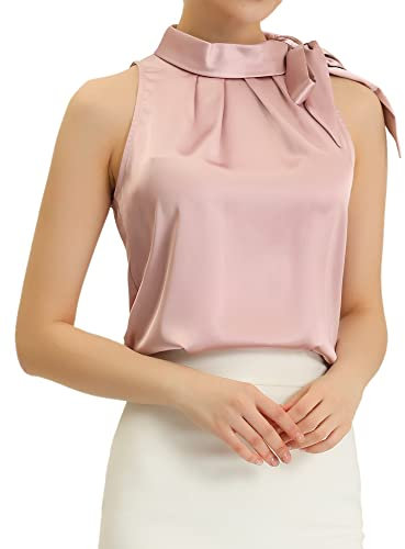 Allegra K Blusa Elegante de Satén Mujer Camisas sin Mangas con Lazo Y Cuello de Pajarita Chaleco Elegante Rosa M