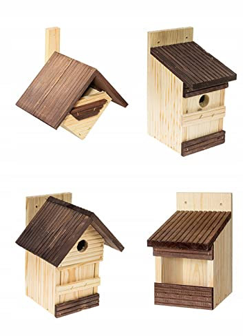 MAZUR 4X Vogelfutterhaus aus Holz Mix | Nistkasten | Vogelfutterspender | Vogelfutterstation | Vogelhaus | Vogelhäuschen | Wetterfest | Kleinvögel, Gartenvögel, Singvögel, Wildvögel