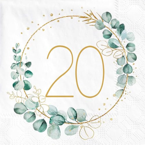 Sprinlot 20. Geburtstag Deko Servietten - 40 Stück Eukalyptus Gold Grün Papierservietten für Mädchen Junge Party Tischdekorationen