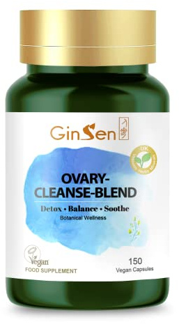 GinSen Ovary Cleanse Blend, Regular Ovulation Support, Natural Detox & Rejuvenate Supplement, Balance Hormones, Women Fertility Wellbeing, 150 Capsules, Vegan Approved, Made in UK
