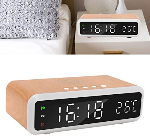 Wecker, 15-W-Digitalwecker-Ladegerät, Multifunktionaler Radiowecker mit 4-Stufen-Dimmer, LED-Anzeige Zeigt Uhrzeit, Datum, Temperatur, Timer für Schlafzimmer, Nachttisch, Kinder (Natürliche Holzfarbe)