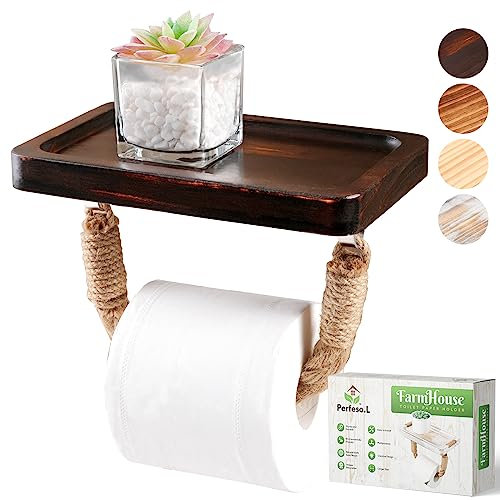 Perfeso.L Nautical Rope Toilet Paper Holder with Wood Shelf Farmhouse Rustic Tissue Roll Holder Bathroom Decor–Wall-Mounted Bathroom Organizer–Black Dark Brown