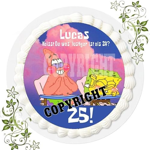 Fondant Tortenaufleger Tortenbild Geburtstag SPONGEBOB SCHWAMMKOPF 25ER GEBURTSTAG personalisierbar WUNSCHNAME