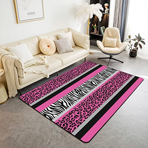 Leopard Wohnzimmer Teppiche Outdoor Teppich 150x200cm Rosa Schwarz Weiß Streifen Akzent Teppich für Schlafzimmer Gepard Indoor Bodenmatte Anti-Rutsch Safari Tier Zebra Drucken Non Rutsch Teppich