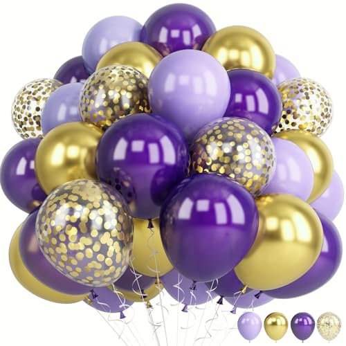 Jobkoo Purple and Gold Balloons, 60 PCS Dark Purple Gold Balloons Set with Gold Confetti Metallic Gold Balloons, Gold and Lilac Balloons for Purple Birthday Party Bridal Shower Decorations