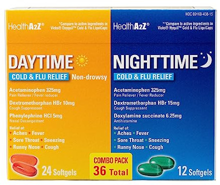 HealthA2Z® Daytime and Nighttime | Cold & Flu Medicine | Powerful Multi-Symptom Relief (24 Daytime & 12 Nighttime Softgels) (Combo (36 Count Pack of 1))
