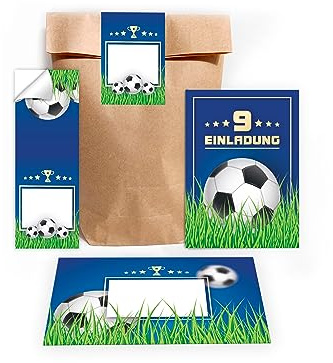 Limonia 12 Einladungskarten zum 9. Kindergeburtstag Fußball Einladung Geburtstag Mädchen Kinder Jungs Jungen Boys Fussball Turnier incl. 12 Umschläge, 12 Tüten, 12 Aufkleber