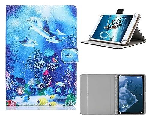 elfofle Universal Hülle für Freeski/Tuohaitime/HotLight Tablet 10 Inch/SGIN Tablet/TPZ Tablet/Fullant Tablet/Lville Tablet/Mouikei Tablet, PU Leder Schutzhülle (Delfine)