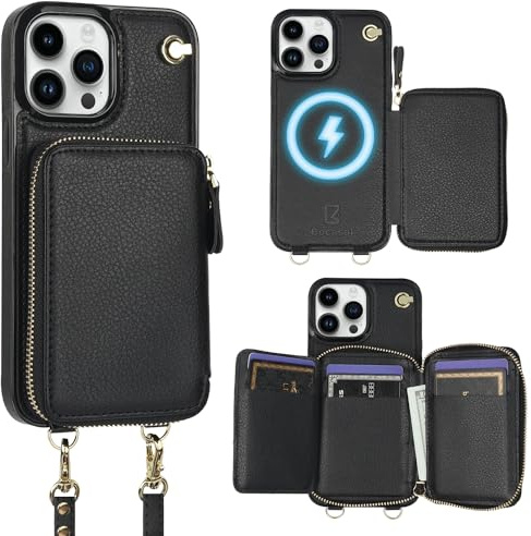 Bocasal for MagSafe Crossbody Wallet Case Compatible with iPhone 13 Pro Max, RFID Blocking Protective Purse Case with Card Slots Holder Kickstand Wrist Strap Lanyard Zipper 6.7 Inch 5G (Black)