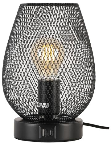 yeerockal Tischlampe Vintage Käfigschirm Tischlampe|Mesh Schwarz Nachttischlampe|Touch Dimmbar | 2 USB Aufladestation |6W Warmweiss LED| Tischleuchte | Fassung E27 und EU Schalter (Style A)