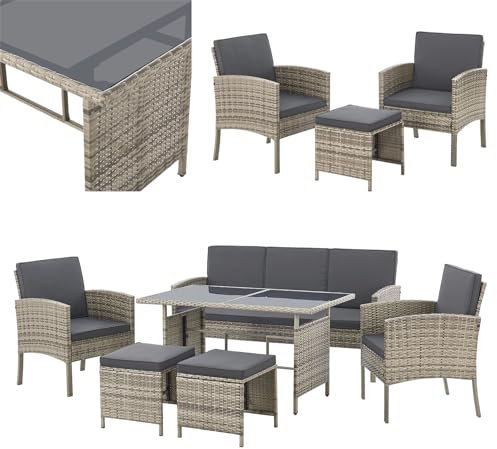 Juskys set di mobili da giardino Turin da 6 pezzi - Per 7 persone - Mobili da esterno con poltrone, sgabelli, tavolino e cuscini - Grigio