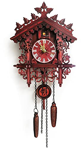 czyuRachel Rot Handgefertigte Holzkuckucksuhren Für Wand, Vintage Antik Wanduhr Kuckucksuhr Kuckucks Hängende Uhr Pendel Wanduhr Für Kinderzimmer Dekor Kunst Wohnzimmer Küche Wohnkultur, 25*19*5,5 cm