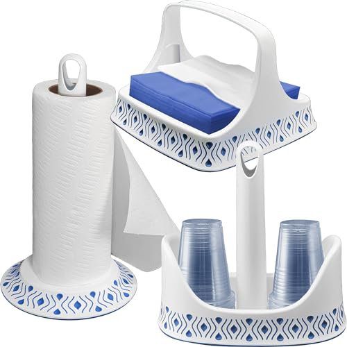Sicignano | Set Portarotolo Portatovaglioli Portabicchieri, Linea Tosca, Plastica BPA Free - Facile da Spostare, Lavabile in Lavastoviglie, Elegante - 100% Made in Italy (Bianco/Blu)