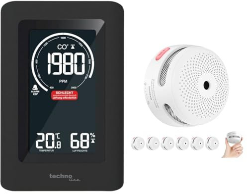 Technoline Co2 Messgerät WL1030 & X-Sense Mini-Rauchmelder: Photoelektrischer Rauchwarnmelder mit LED-Anzeige, Stummschaltungstaste und Batterie mit 10 Jahren Laufzeit, XS01, 6er Set