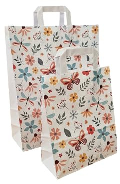 250 Papiertragetaschen Papiertüten Geschenktüten Butterfly Schmetterling Blumen weiß mit Flachhenkel - verschiedene Größen wählbar (Größe 22+10x28cm 70g/m²)