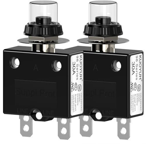 CLDIY Interruttore di protezione termico, 98, serie 30A, 125/250 VAC, reset per interruttore di circuito con morsetti a collegamento rapido e copertura dei tasti impermeabile 32 VDC, 2 pezzi