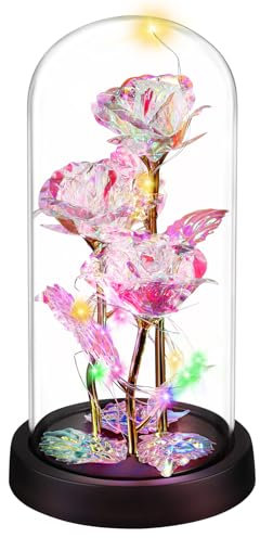 TRYQTYL Kunstrosen Glasrose in Glaskuppel Galaxie Rose Blume Geschenk Infinity Rose im Glas Leuchtende Rose in einer Glaskuppel Verzauberte Rose Geschenk für Frauen