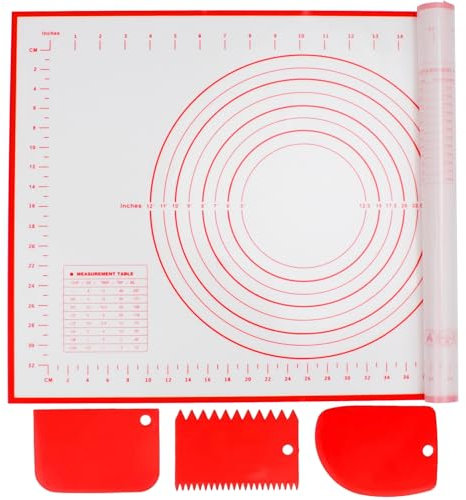Alyvisun Silikon Backmatte mit 3 Teigschaber, 60x40 cm Backzubehör Antihafte Backunterlage mit Messung Rutschfeste Silikonmatte Wiederverwendbar Backblech für Fondant, Pizza, Teig (Rot)