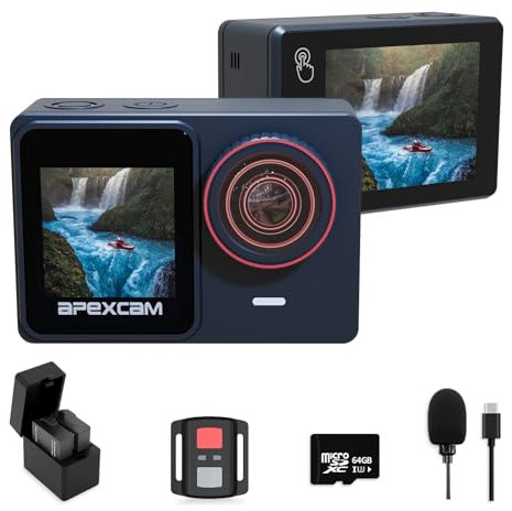 Apexcam 4K 60FPS Action Camera 48MP Dual Touch Screen Camera with 64GB SD Card,131FT 40M Waterproof Underwater Sports Camera Helmet Camera with External Mic, Remote Control,Mounting Accessories Kit
