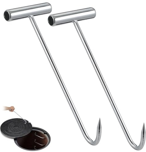 Healvian 2 Stück Kanaldeckelheber 29cm, Schachtdeckelheber Mit T-Griff, Schachthaken für Gullideckel, Tragbarer Hebehaken für Dachluken & Abfluss
