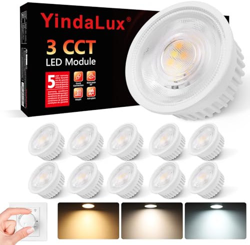 YindaLux 10er Set 3CCT LED Modul 230V - Ultra Flach ø50*23mm für Einbaustrahler - 4.9W 500LM 38° Abstrahlwinkel - 3000K/4000K/6000K Dimmbar - Ersetzt GU10 MR16 Leuchtmittel - IP44 Wasserdicht
