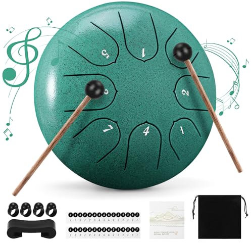 Steel Tongue Drum, 6 Zoll 8 Töne Zungentrommel Mit Trommelstöcken, Mit Tragetasche Und 4 Fingerauflagen, Handpan Geeignet Für Meditation, Yoga, Klangtherapie（Malachitgrün）